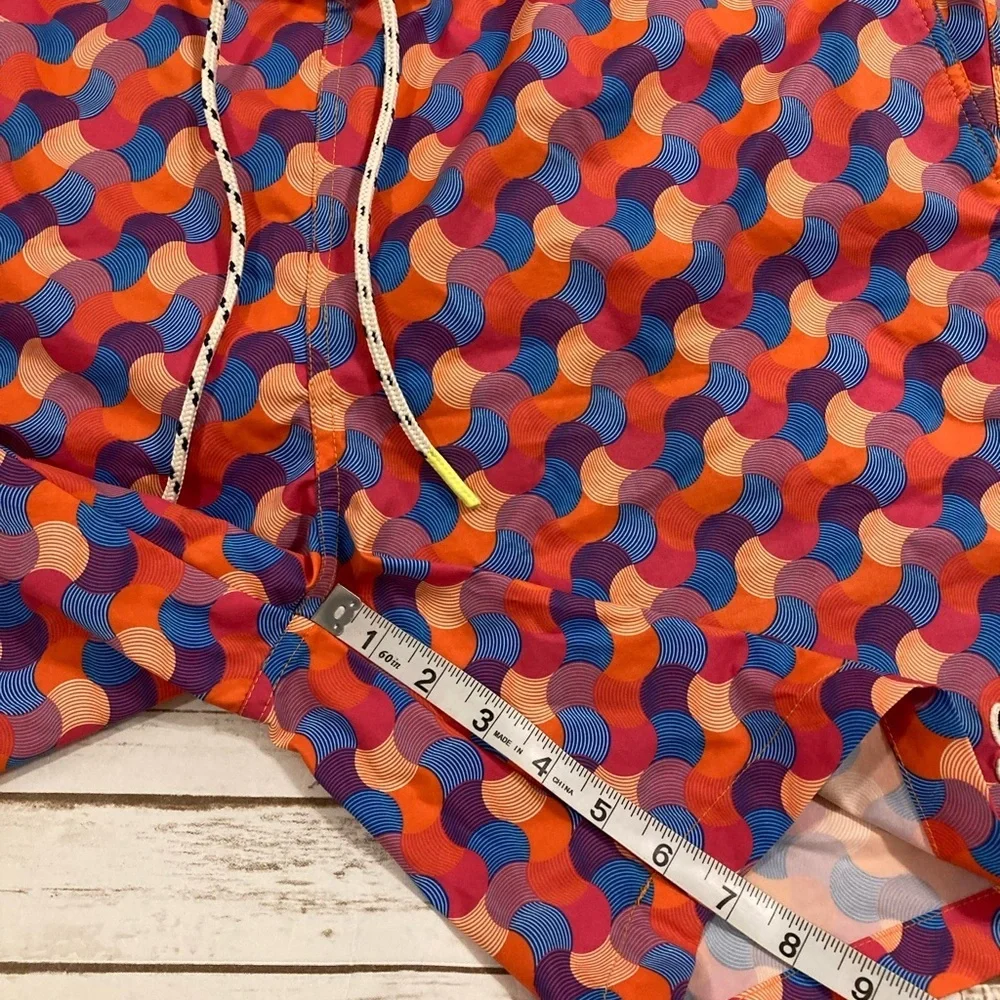 Psycho Bunny Orange Red Blue Geometric Swim Trunks